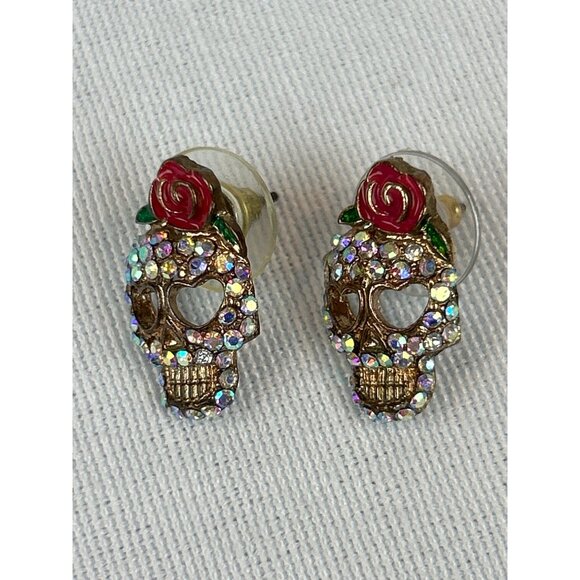 Sugar Skull Rhinestone Stud Earrings Red Rose Gold Tone Skeleton Design - Picture 7 of 7